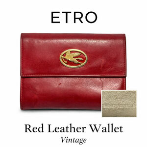 ETRO Red Leather Continental Wallet Pegasus Logo Flap Snap Vintage Italy
